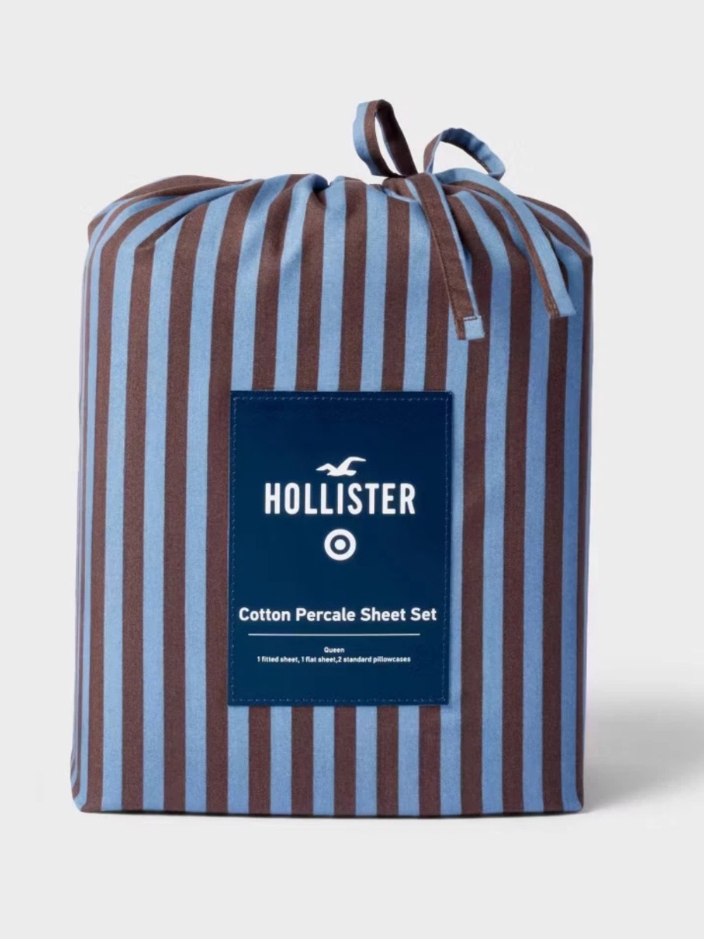 Hollister x Target FULL SIZE Full Percale Stripe Sheet Set Blue/Brown New w/ Tag